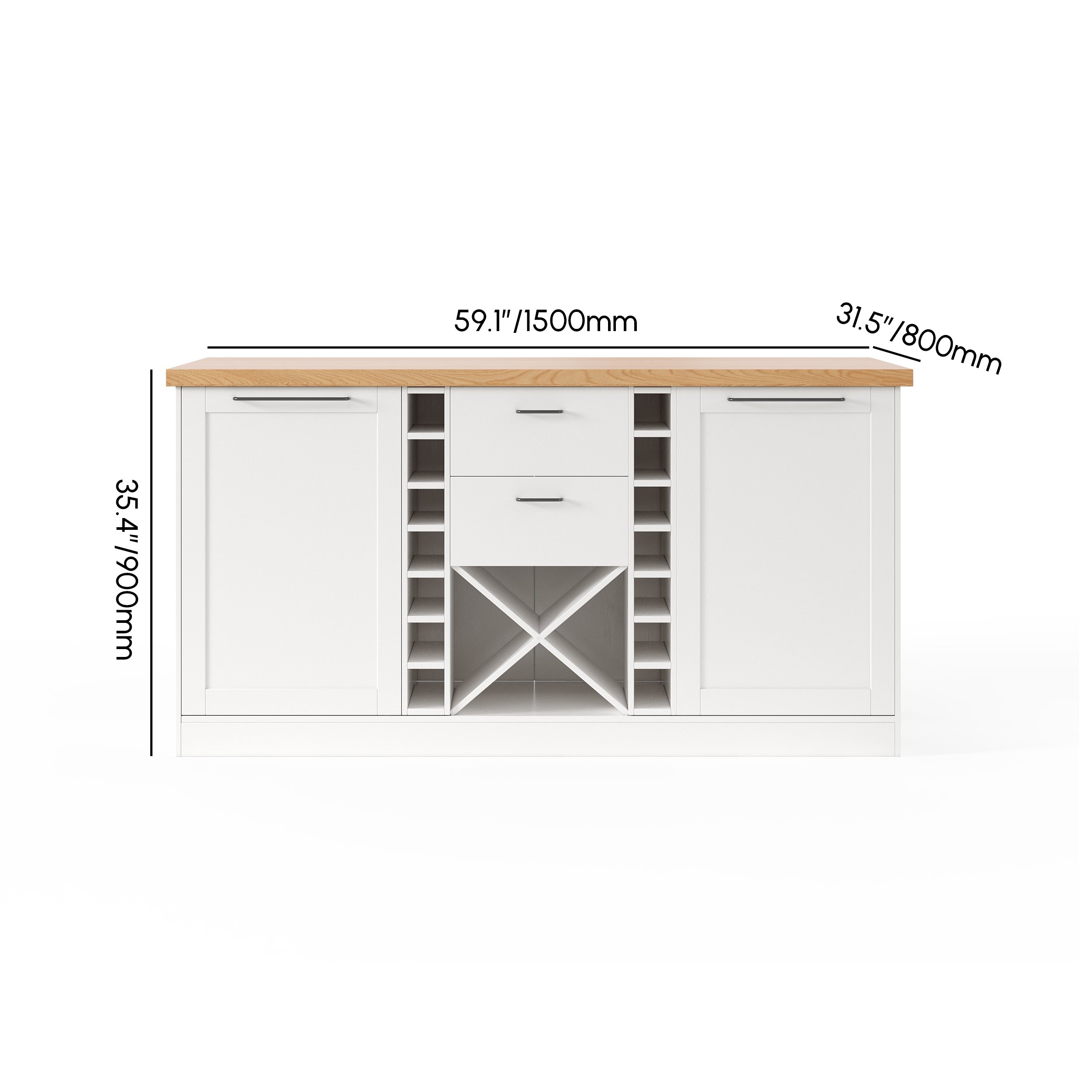 HMR - 59.1'' Modern Natural &White Kitchen lsland with Wine Storage