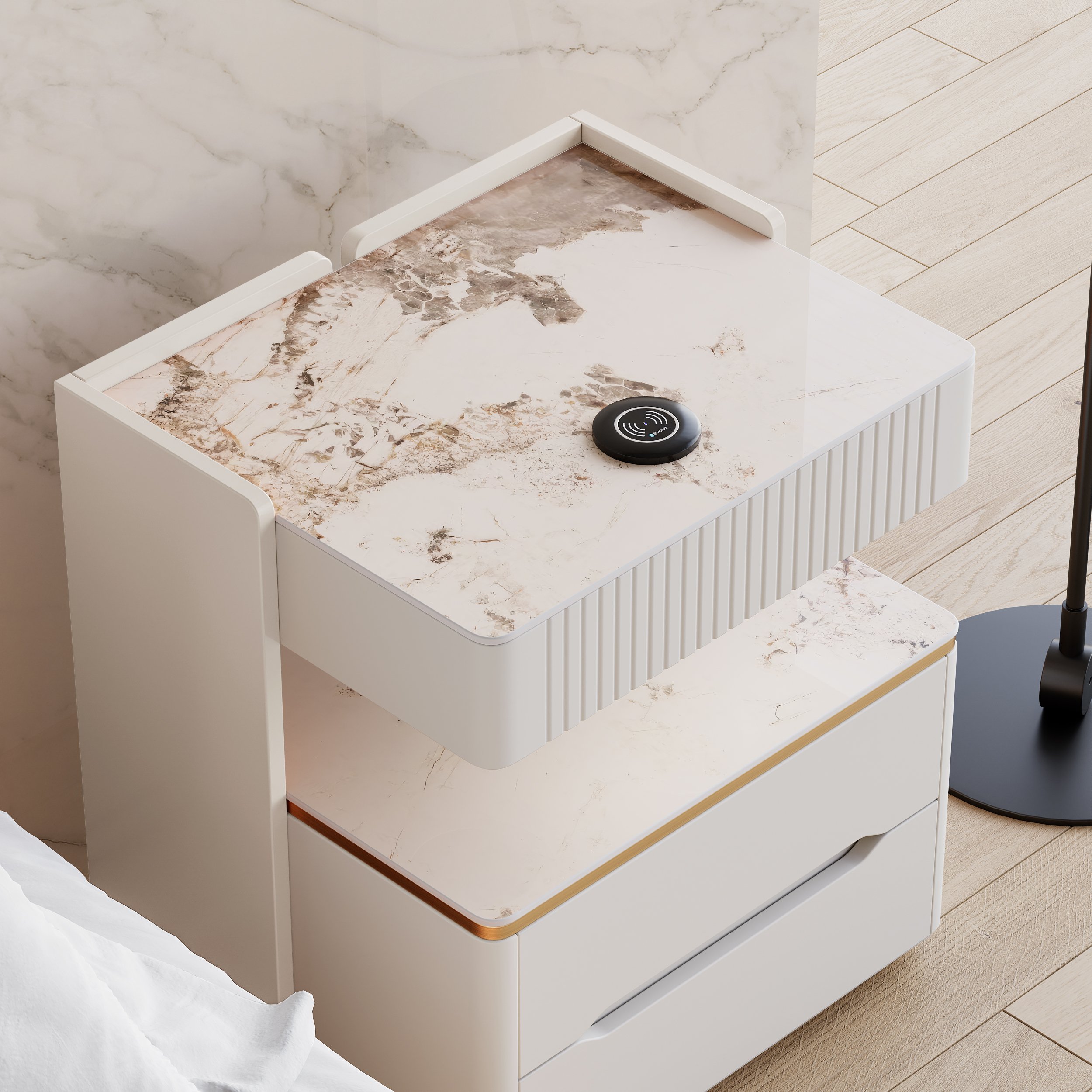 HMR Vailora Smart Nightstand with Wireless Charger Sensor Light Bluetooth Speakers - White, Set Of 2