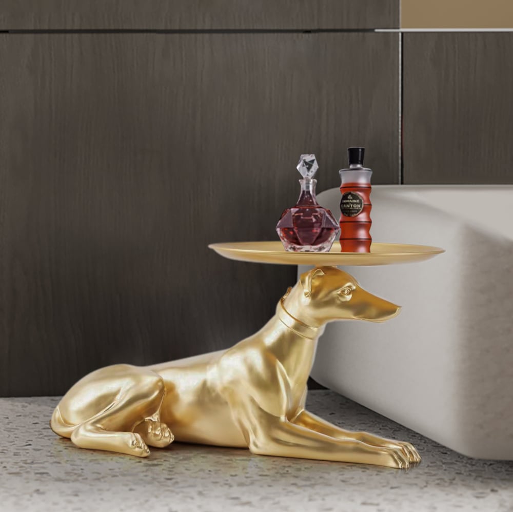 HMR - Modern Dog Side Table Floor Resin Figurine with Tray Top in Gold