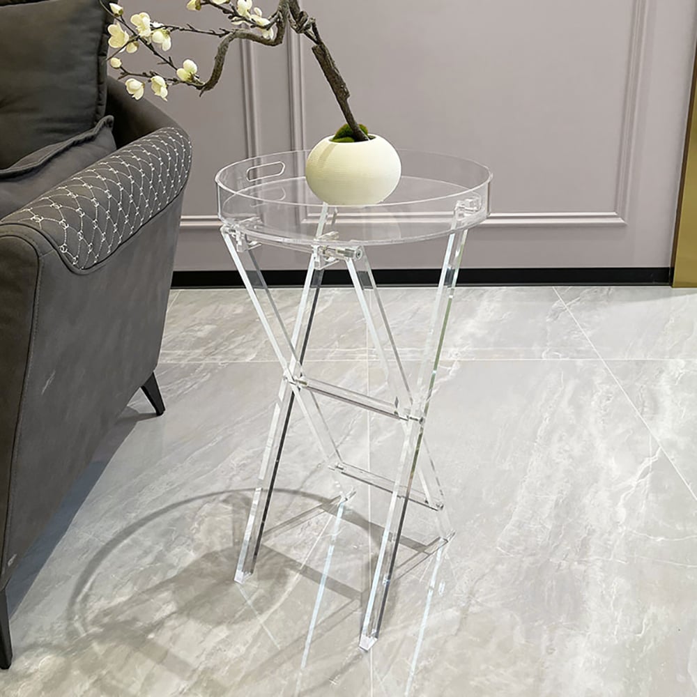 HMR - Modern Acrylic Folding Side Table Round End Table with Tray