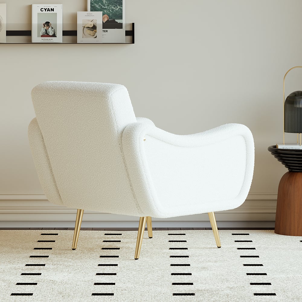HMR - Modern White Boucle Accent Chair Armchair with Metal Leg in Gold