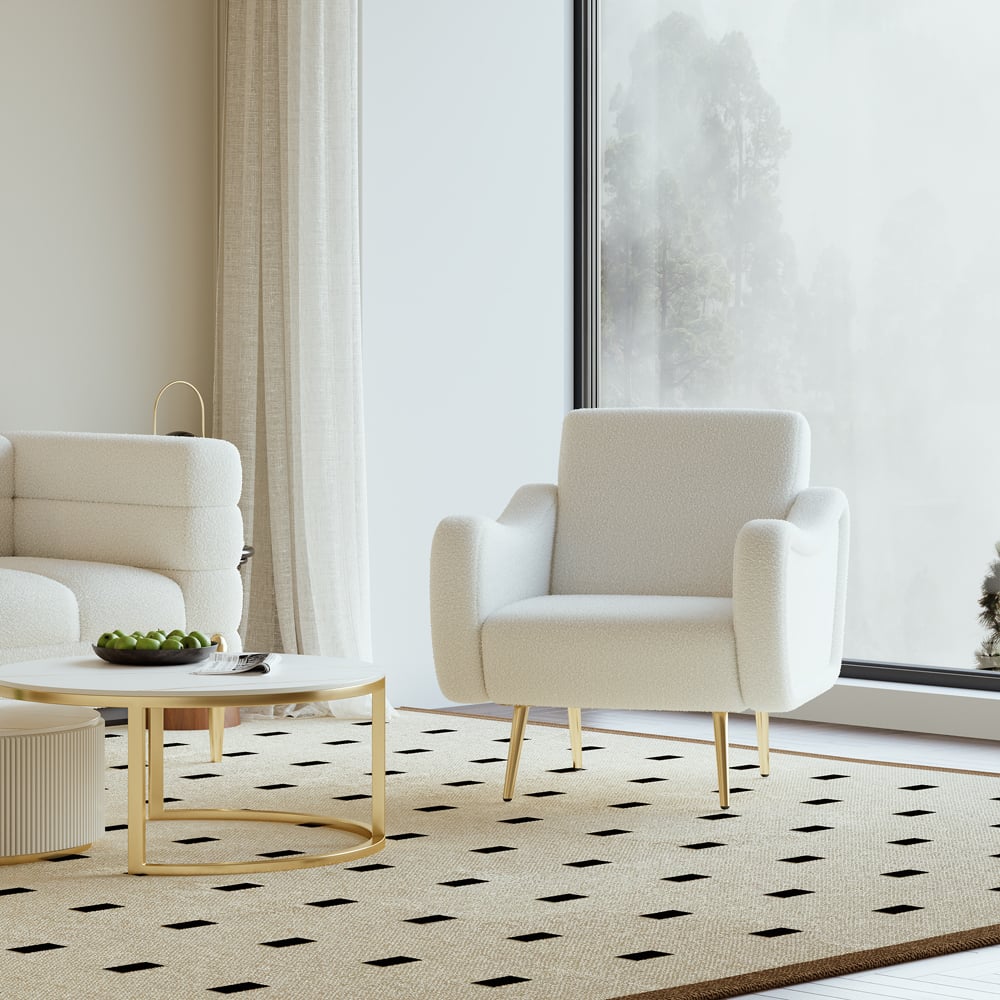 HMR - Modern White Boucle Accent Chair Armchair with Metal Leg in Gold