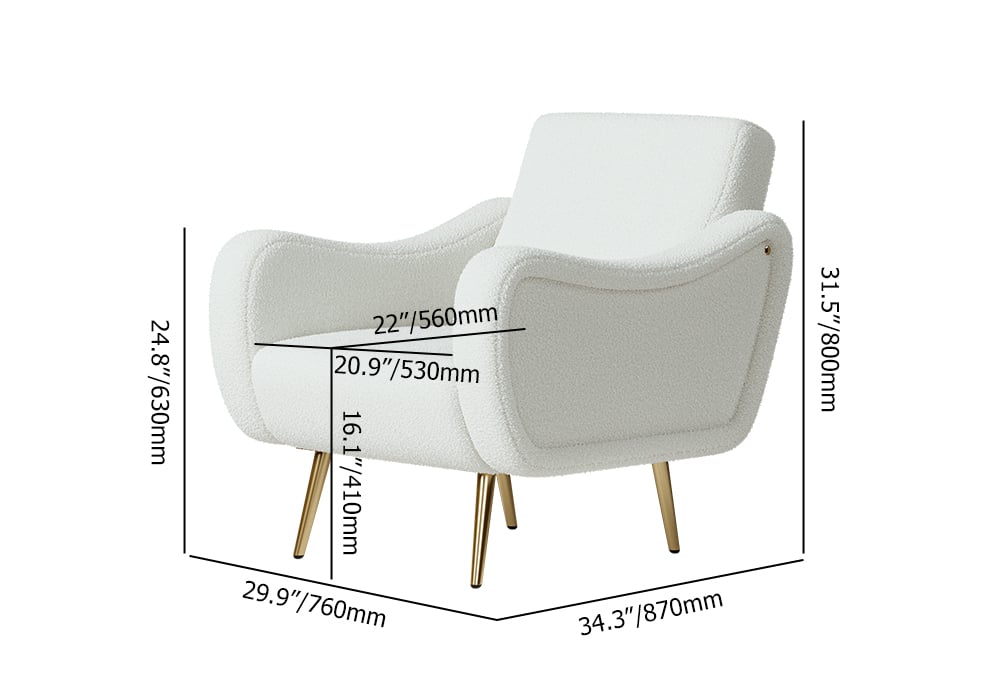 HMR - Modern White Boucle Accent Chair Armchair with Metal Leg in Gold