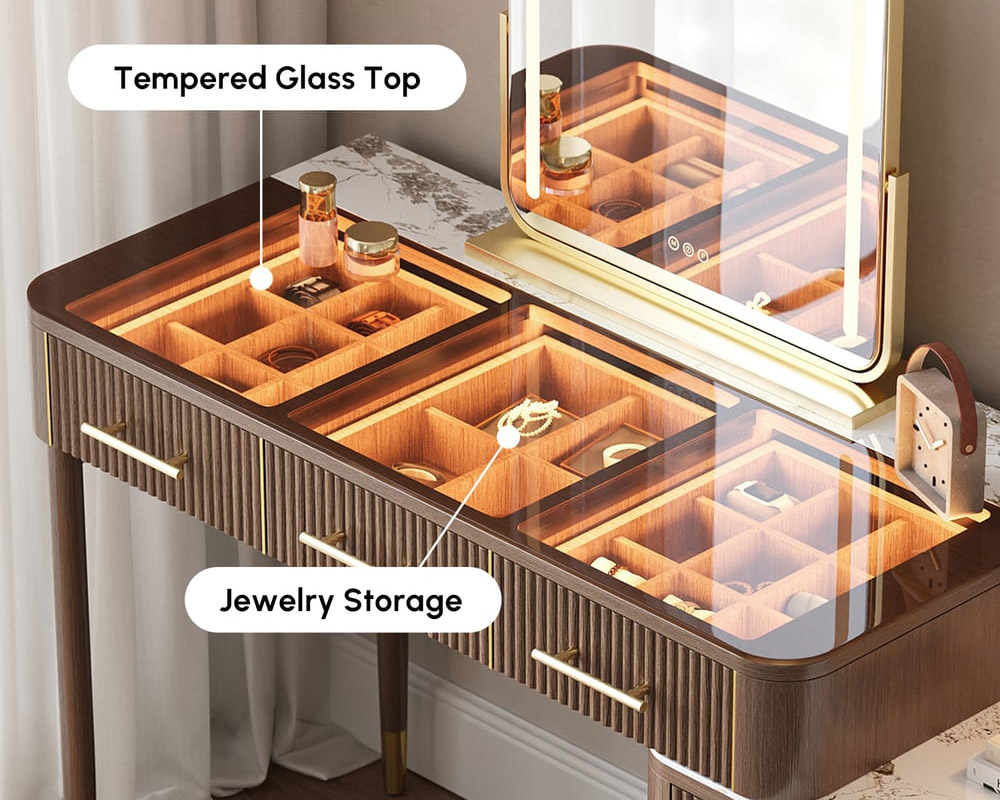 HMR - Glass Sintered Stone Top Makeup Vanity Set with Mirror