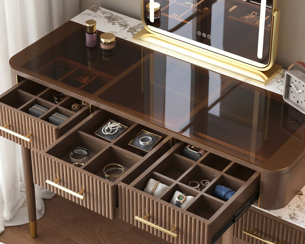 HMR - Glass Sintered Stone Top Makeup Vanity Set with Mirror
