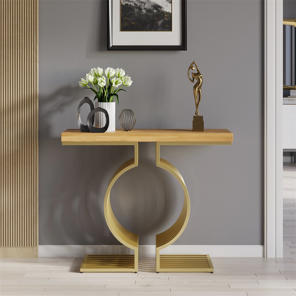 HMR Modern Narrow Console Table with Geometric Metal Base Entryway Table - Natural, 39.4"
