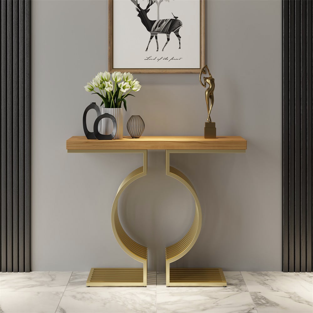 HMR Modern Narrow Console Table with Geometric Metal Base Entryway Table - Natural, 39.4"