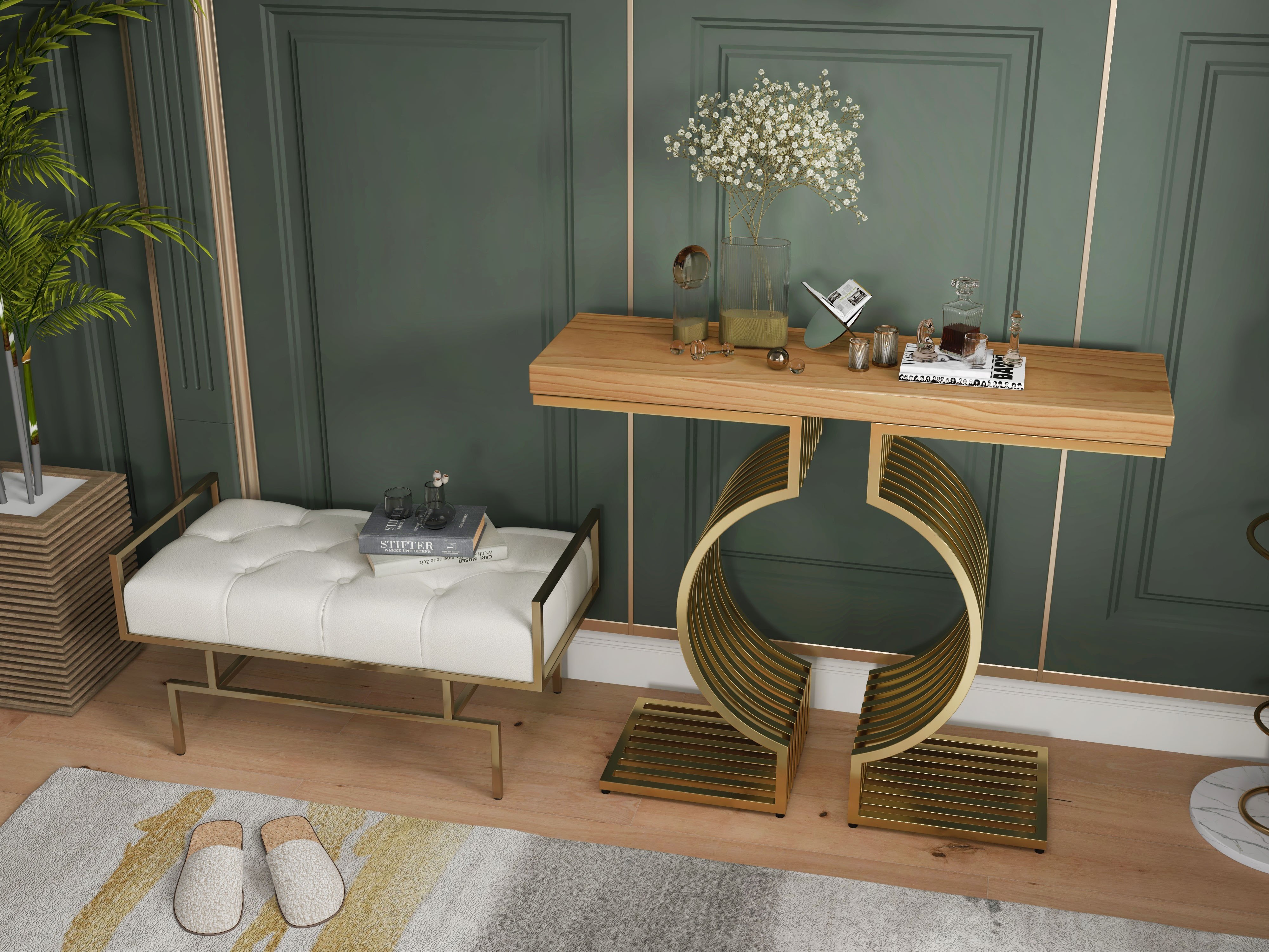 HMR Modern Narrow Console Table with Geometric Metal Base Entryway Table - Natural, 39.4"