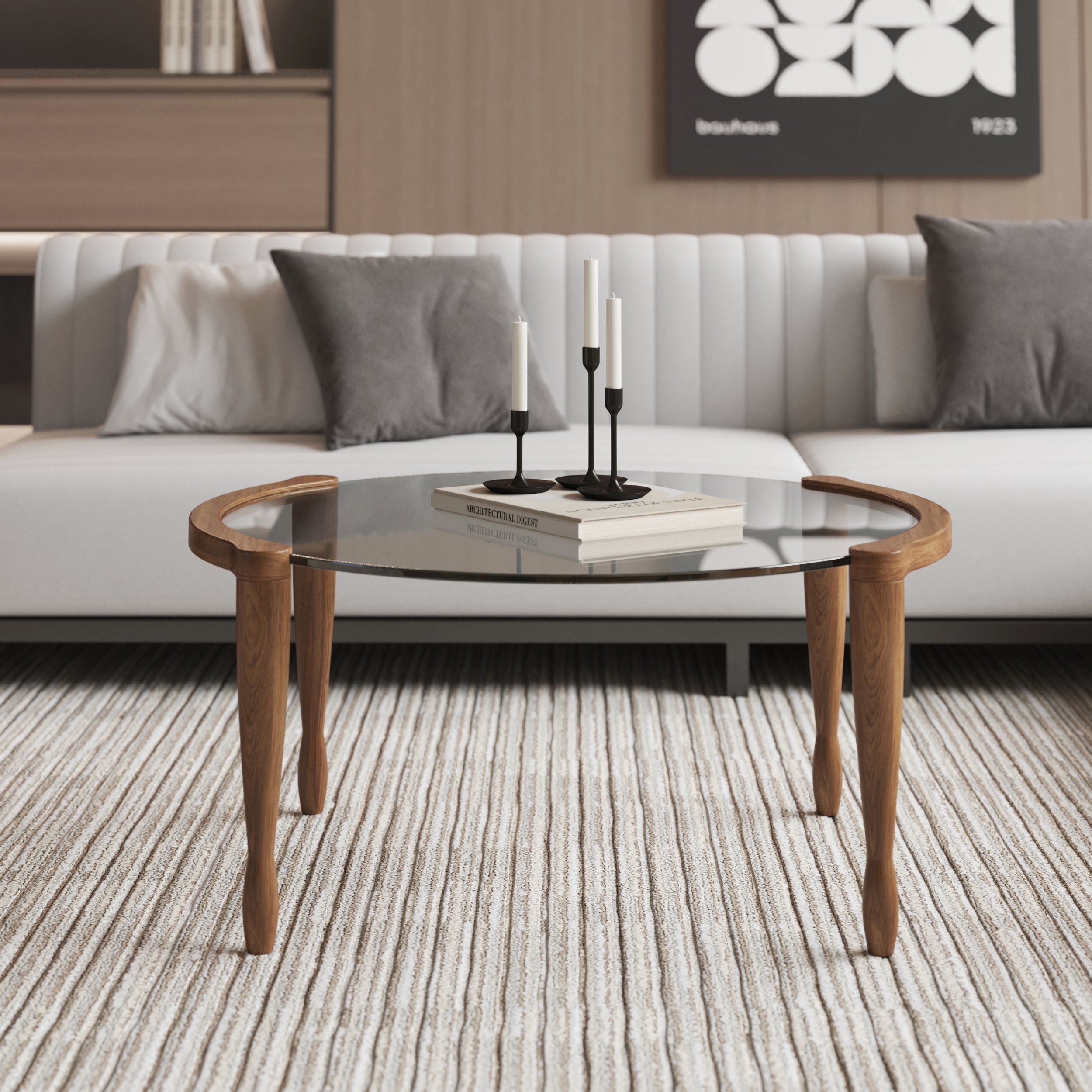 HMR - 32" Round Glass Mid Century Modern Coffee Table with Wood Legs