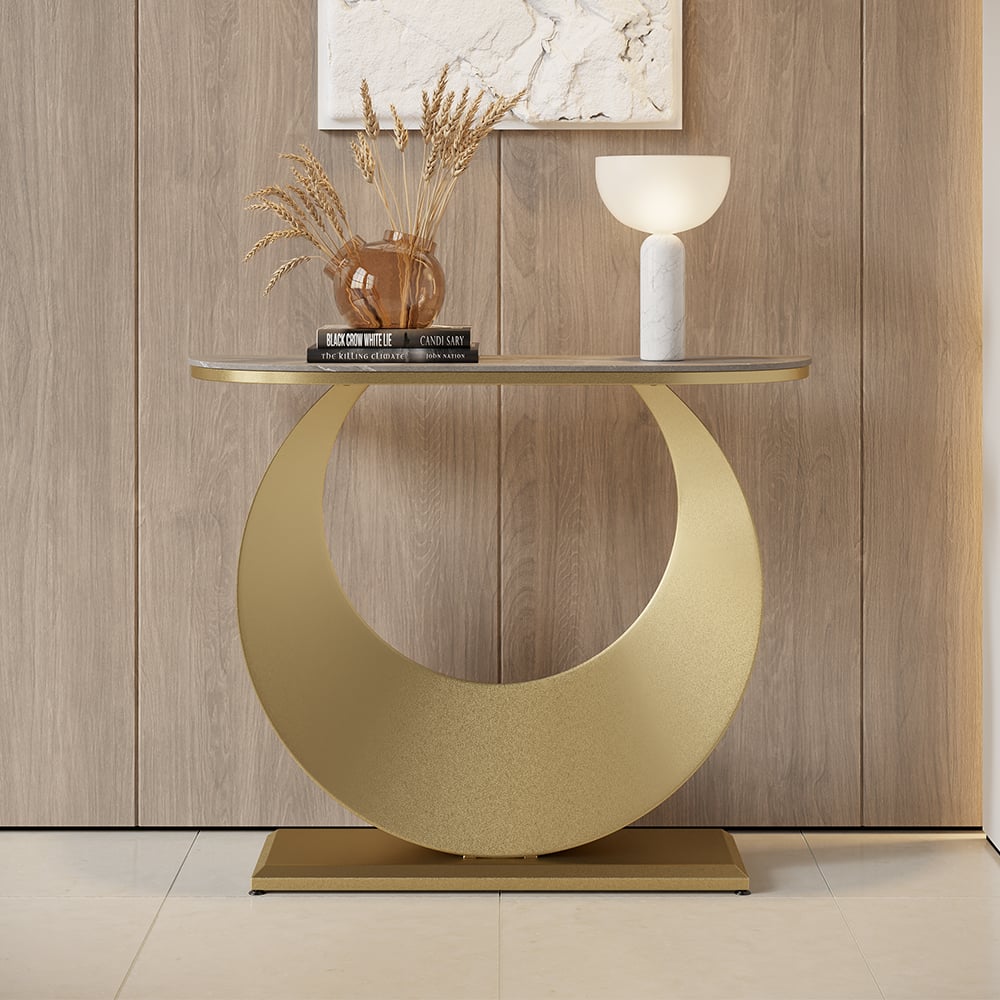 HMR - 39.4" Narrow Console Table Gray Sintered Stone Entryway Table with Half-Moon Steel Base