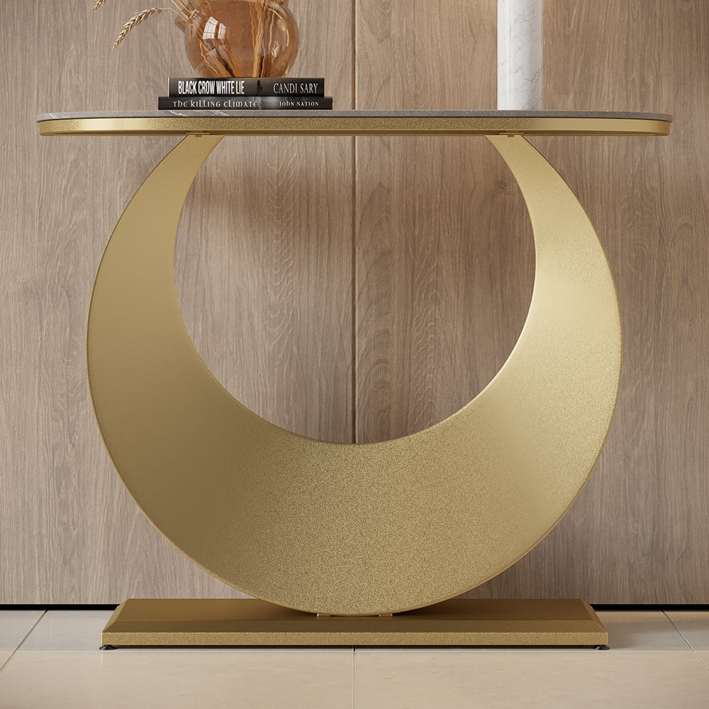 HMR - 39.4" Narrow Console Table Gray Sintered Stone Entryway Table with Half-Moon Steel Base