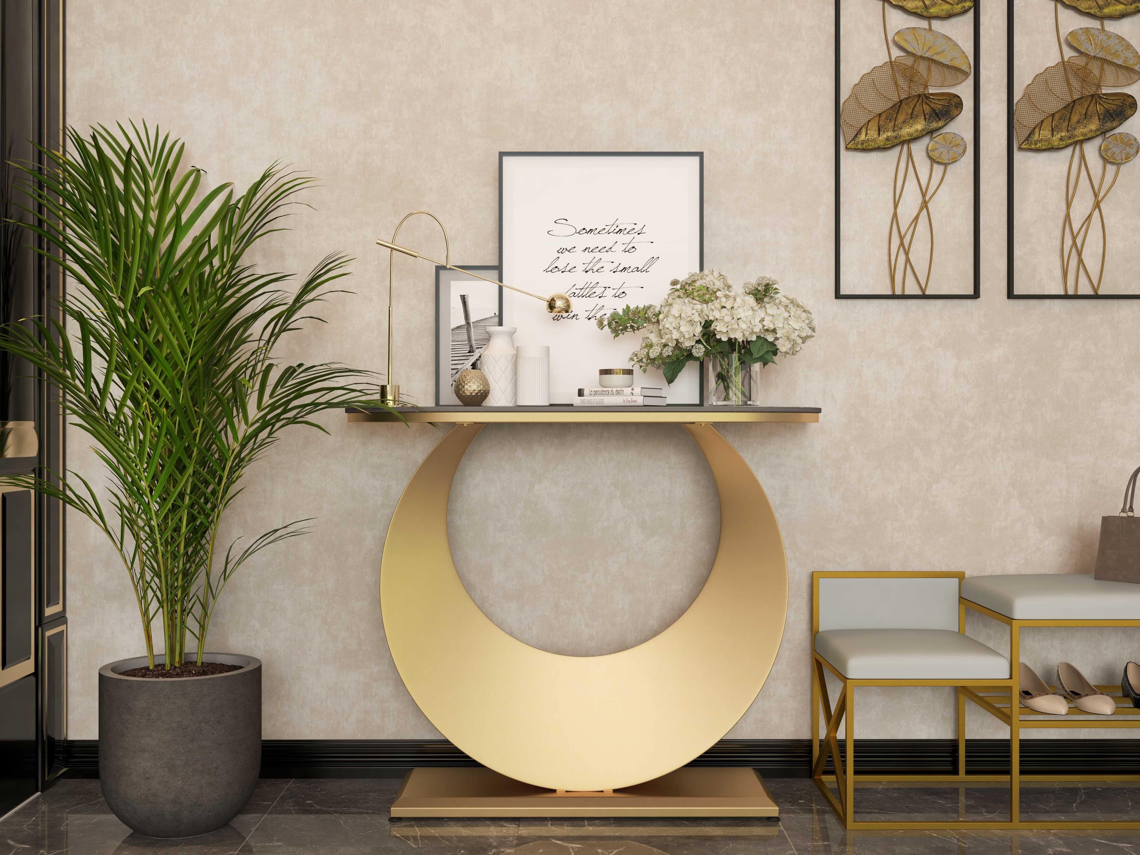 HMR - 39.4" Narrow Console Table Gray Sintered Stone Entryway Table with Half-Moon Steel Base
