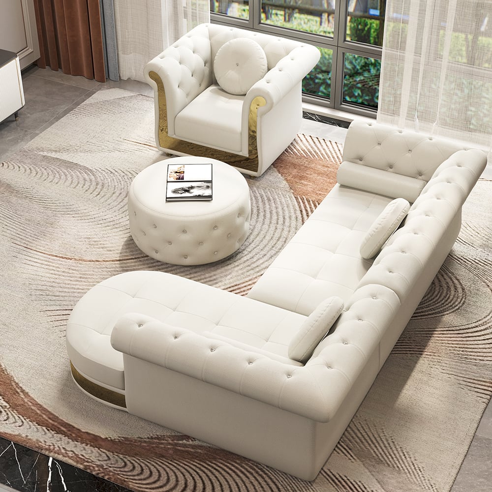 HMR - Dodiy Modern L-Shaped White Tufted Corner Sectional Sofa 6-Seater with Ottoman & Pillows