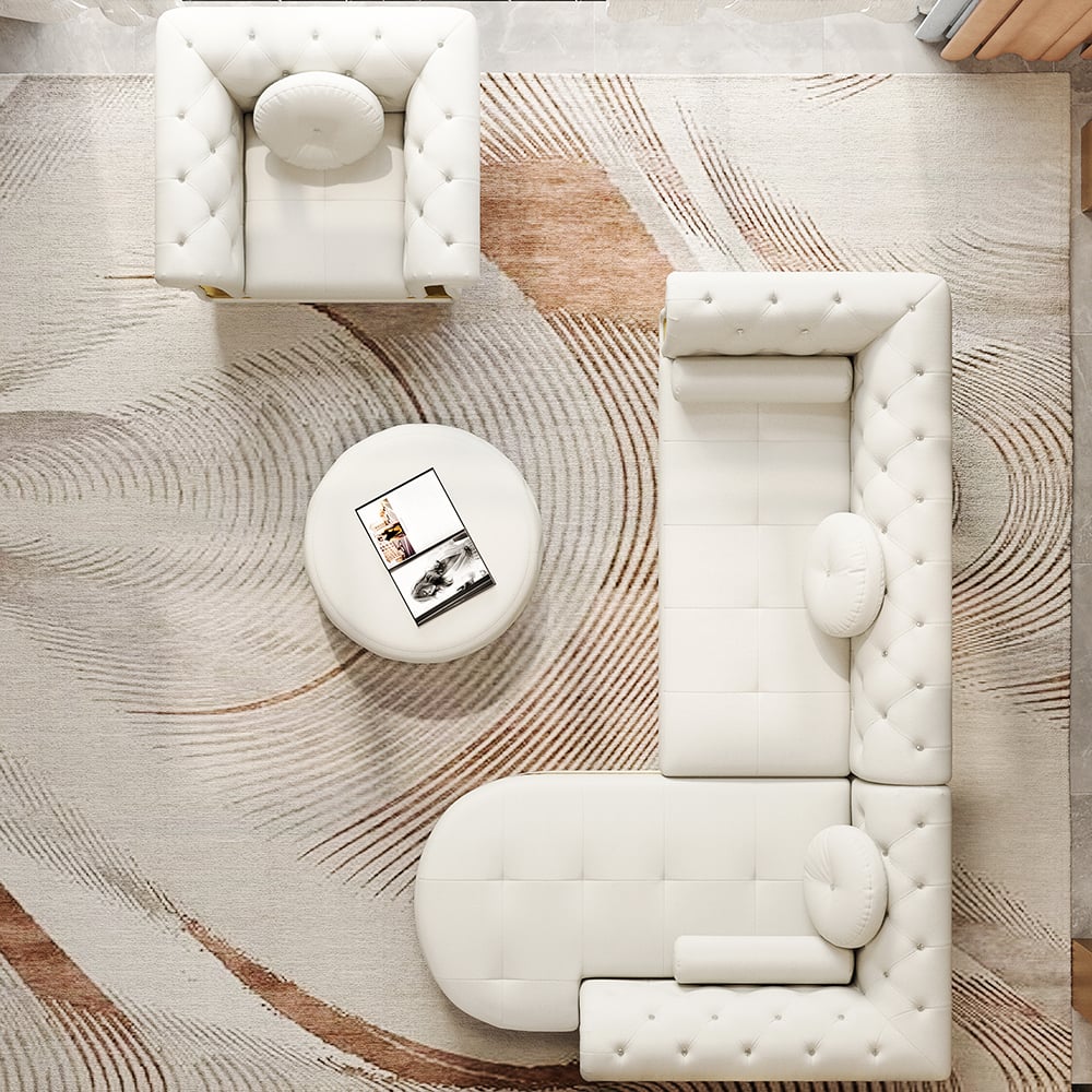 HMR - Dodiy Modern L-Shaped White Tufted Corner Sectional Sofa 6-Seater with Ottoman & Pillows