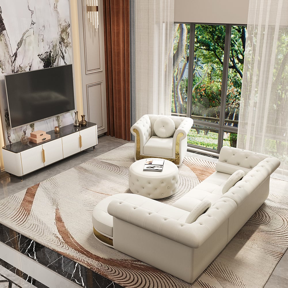 HMR - Dodiy Modern L-Shaped White Tufted Corner Sectional Sofa 6-Seater with Ottoman & Pillows