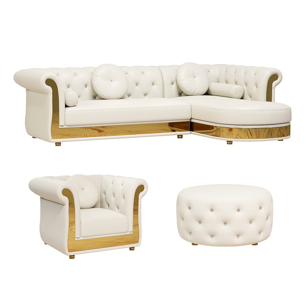 HMR - Dodiy Modern L-Shaped White Tufted Corner Sectional Sofa 6-Seater with Ottoman & Pillows