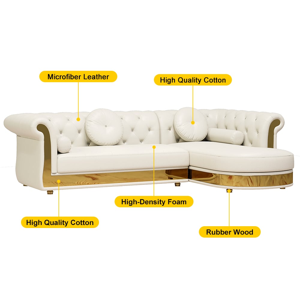HMR - Dodiy Modern L-Shaped White Tufted Corner Sectional Sofa 6-Seater with Ottoman & Pillows