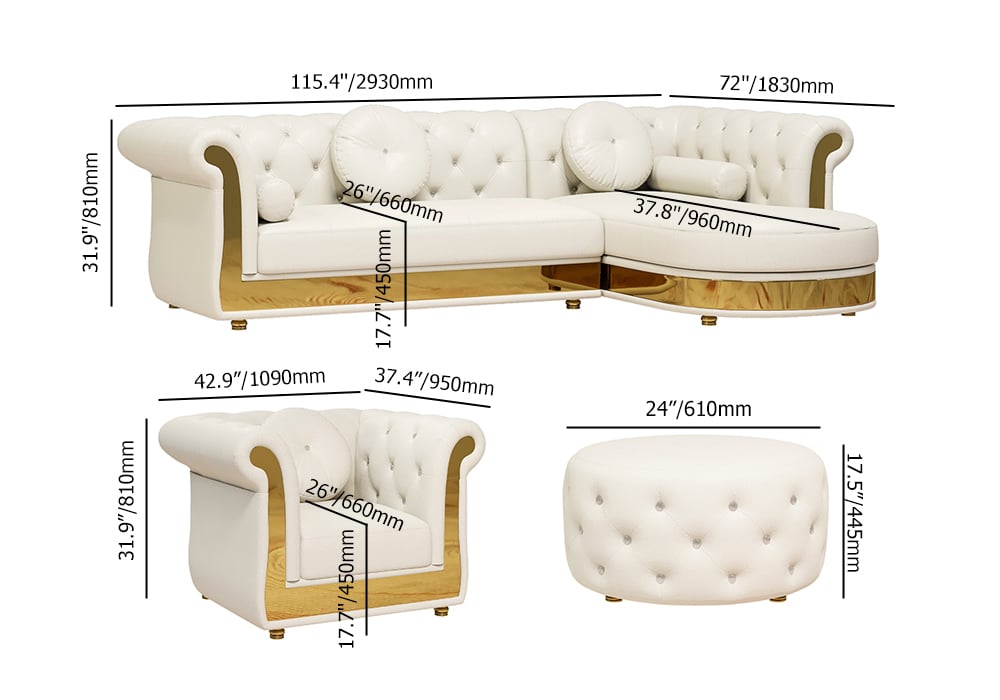 HMR - Dodiy Modern L-Shaped White Tufted Corner Sectional Sofa 6-Seater with Ottoman & Pillows