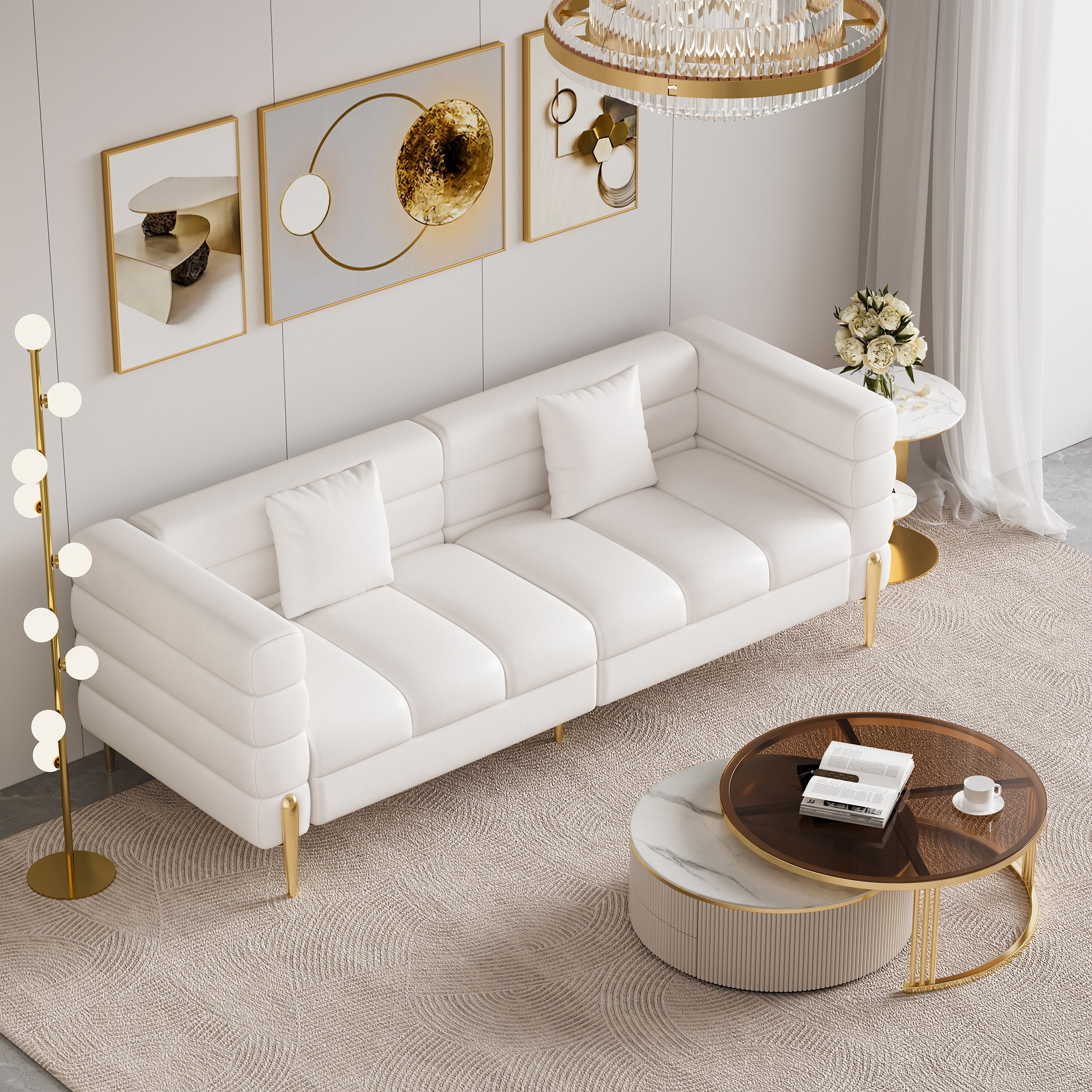 HMR Aurora 79" Fluted Sofa with Gold Legs & Pillows - White, Leather
