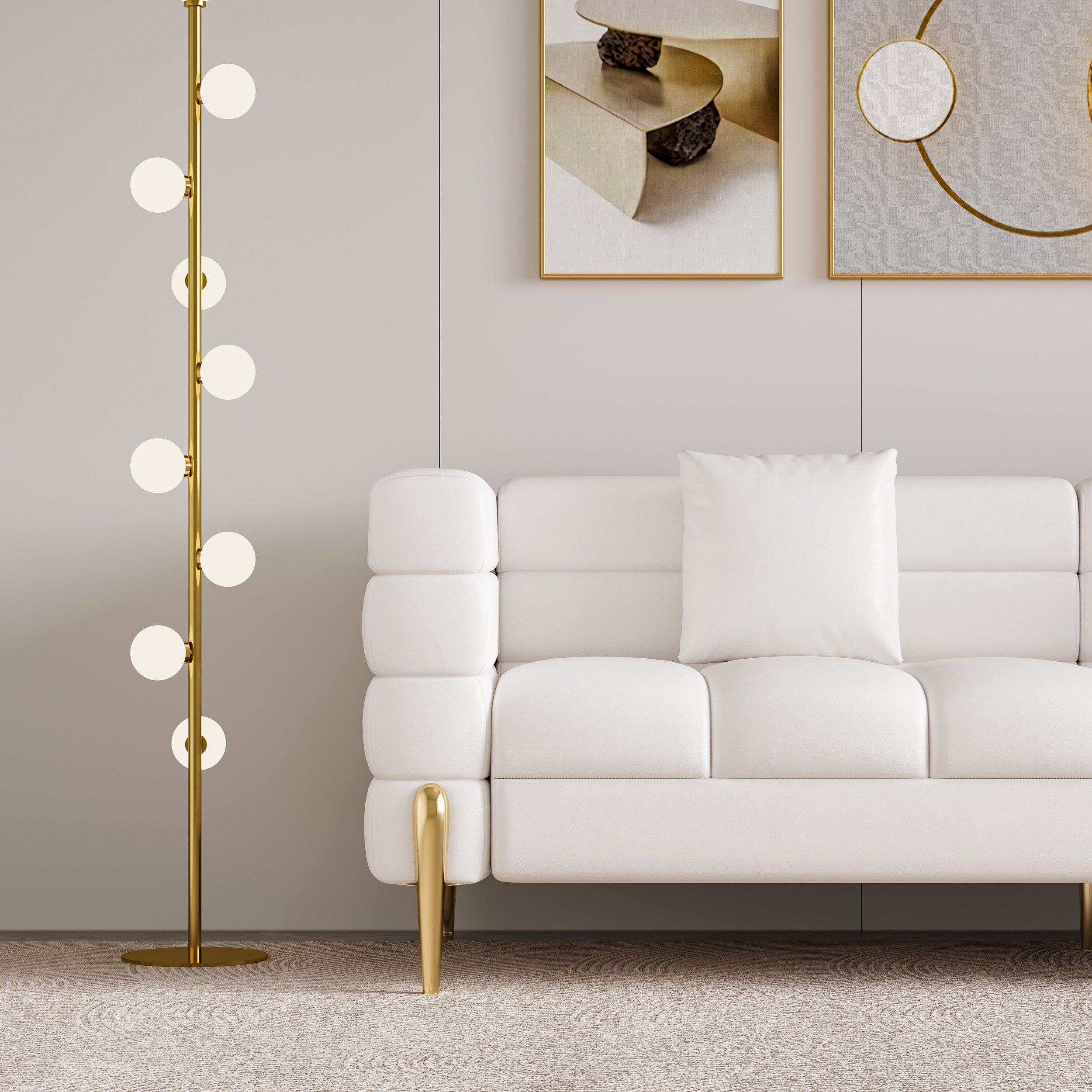 HMR Aurora 79" Fluted Sofa with Gold Legs & Pillows - White, Leather