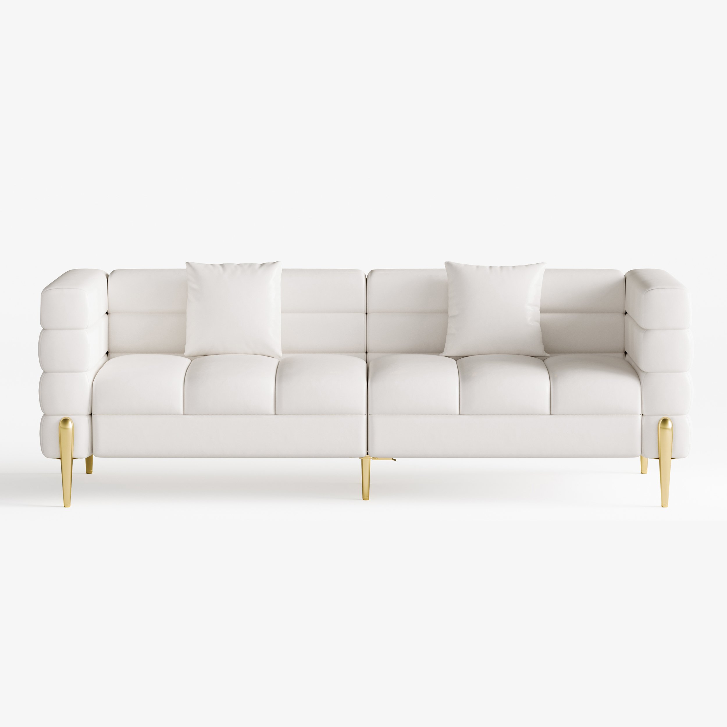 HMR Aurora 79" Fluted Sofa with Gold Legs & Pillows - White, Leather