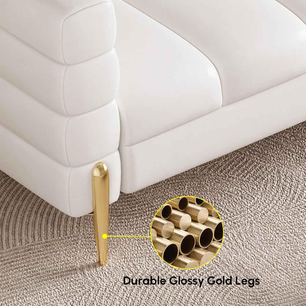 HMR Aurora 79" Fluted Sofa with Gold Legs & Pillows - White, Leather