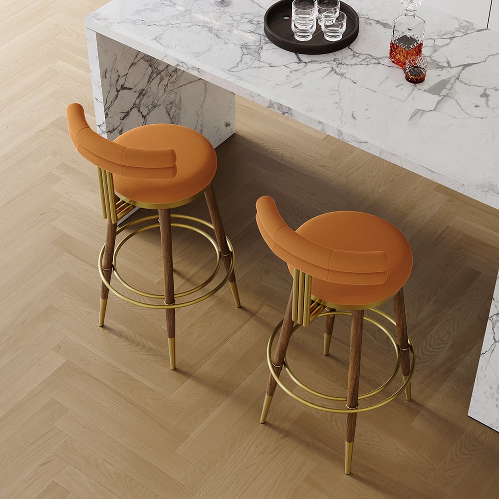 HMR - Set of 2 Mid-Century Modern Bar Stools with Velvet Upholstery Orange