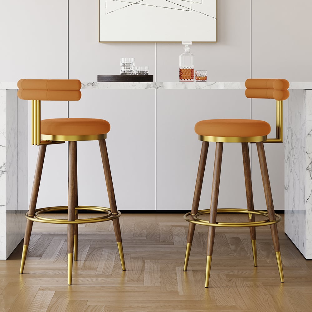 HMR - Set of 2 Mid-Century Modern Bar Stools with Velvet Upholstery Orange