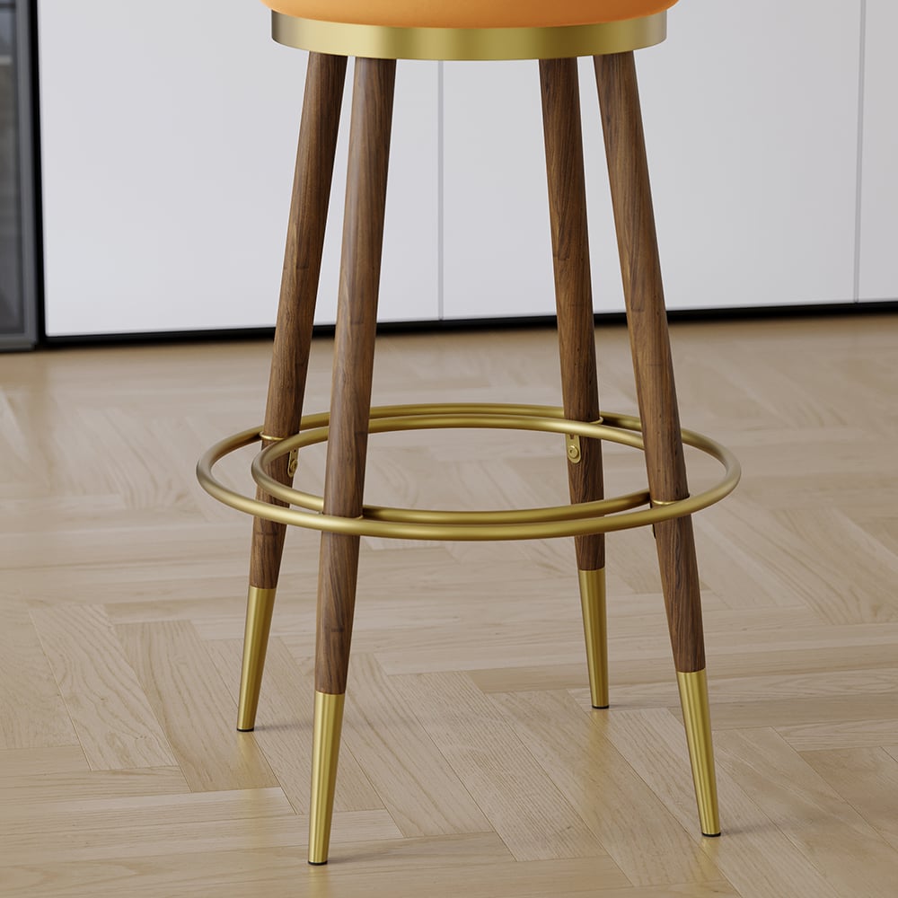 HMR - Set of 2 Mid-Century Modern Bar Stools with Velvet Upholstery Orange