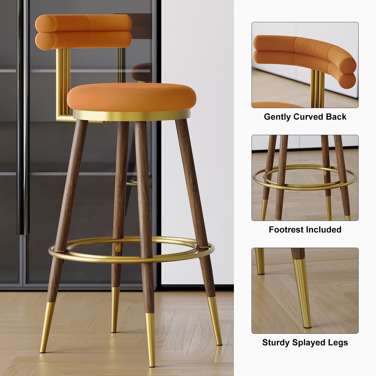 HMR - Set of 2 Mid-Century Modern Bar Stools with Velvet Upholstery Orange