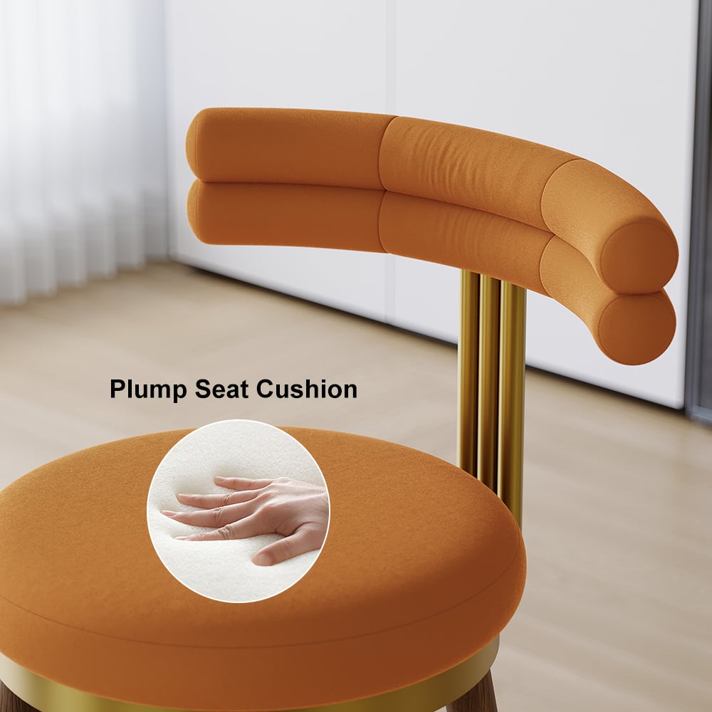 HMR - Set of 2 Mid-Century Modern Bar Stools with Velvet Upholstery Orange