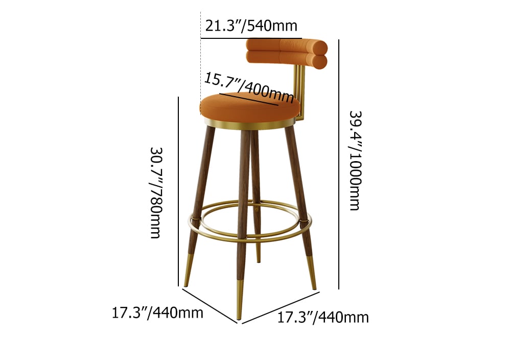 HMR - Set of 2 Mid-Century Modern Bar Stools with Velvet Upholstery Orange