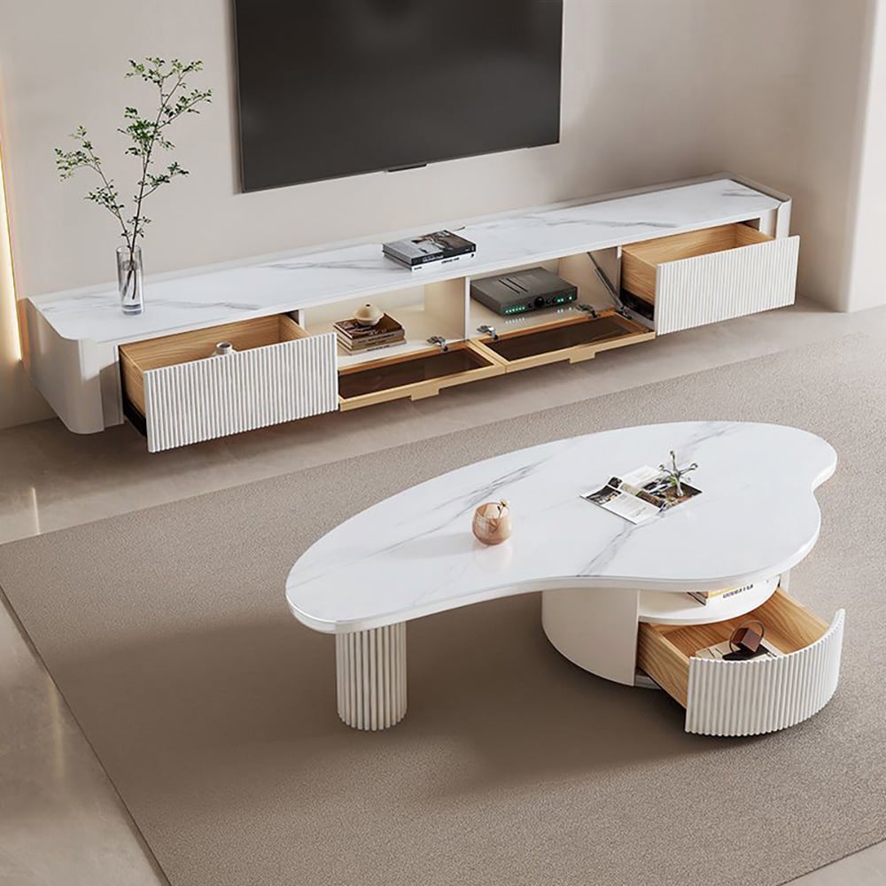 HMR - Wall-Mounted Fluted TV Stand with 2 Drawers and Flip Glass Doors Stone Top Media Console