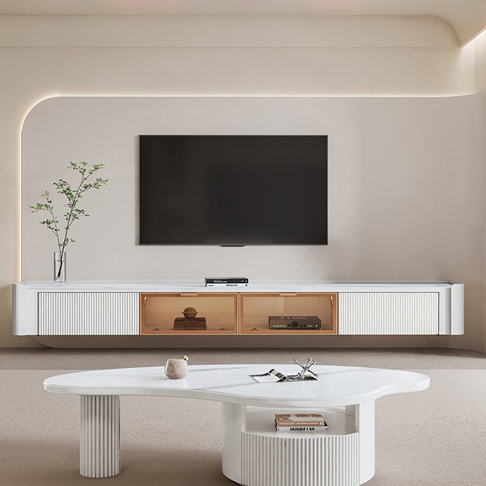 HMR - Wall-Mounted Fluted TV Stand with 2 Drawers and Flip Glass Doors Stone Top Media Console