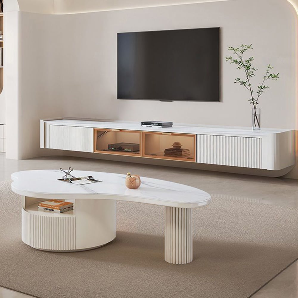 HMR - Wall-Mounted Fluted TV Stand with 2 Drawers and Flip Glass Doors Stone Top Media Console