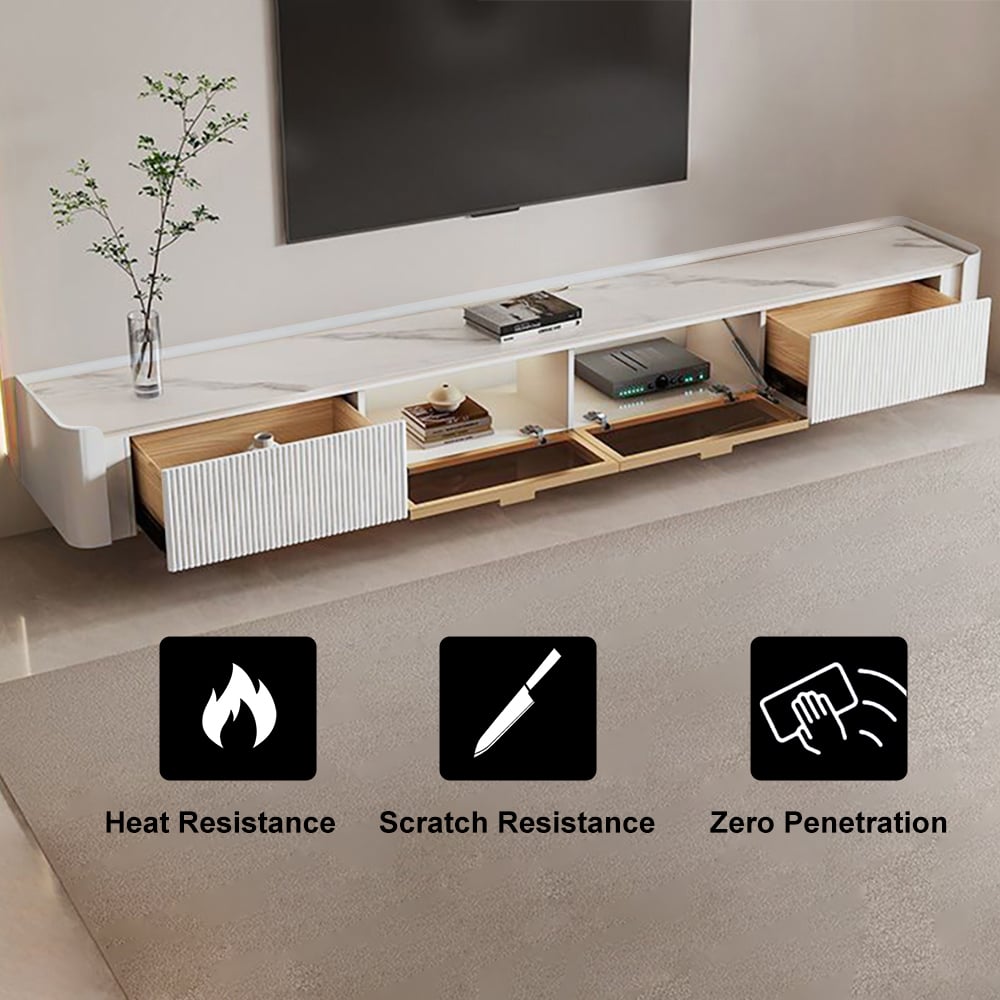 HMR - Wall-Mounted Fluted TV Stand with 2 Drawers and Flip Glass Doors Stone Top Media Console