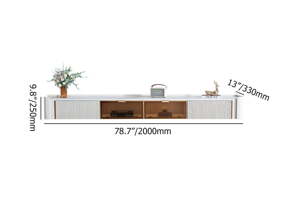 HMR - Wall-Mounted Fluted TV Stand with 2 Drawers and Flip Glass Doors Stone Top Media Console