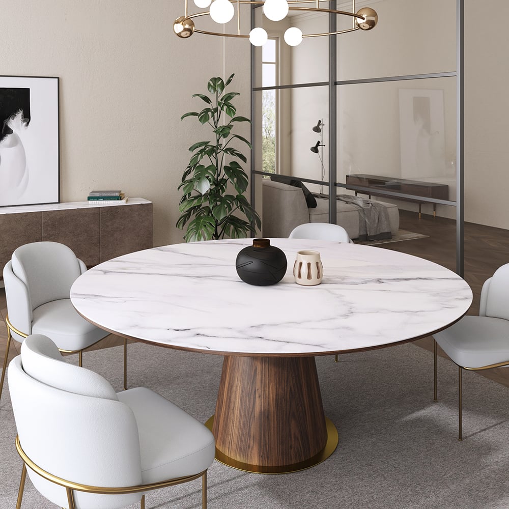 HMR - Dining Set 47.2" Mid-Century Modern Round Dining Table with 6 Chairs