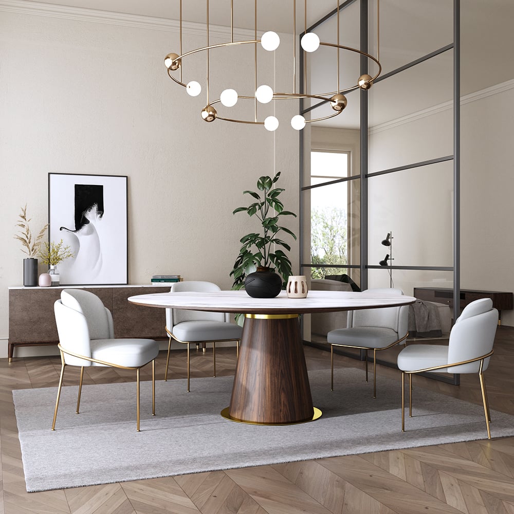 HMR - Dining Set 47.2" Mid-Century Modern Round Dining Table with 6 Chairs
