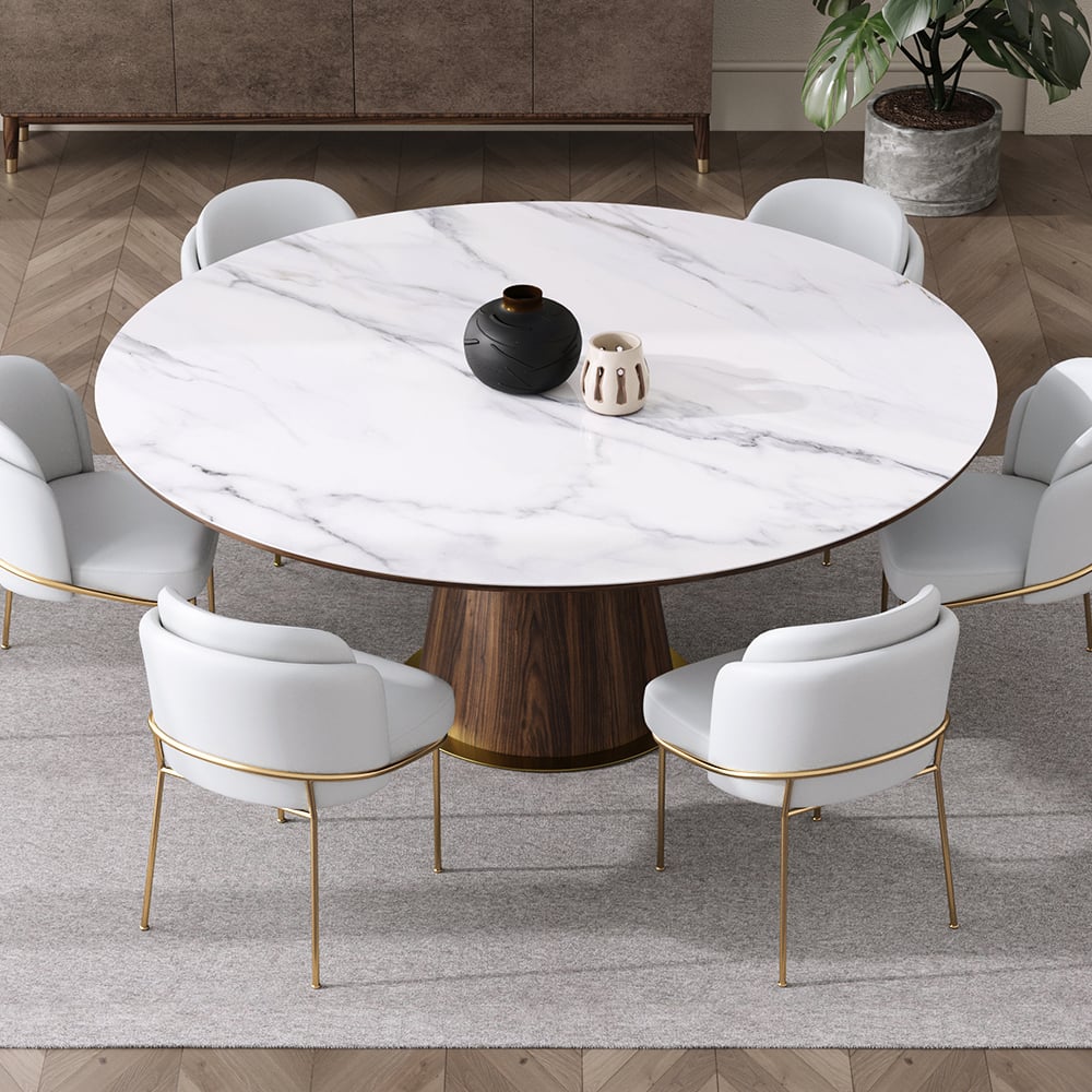 HMR - Dining Set 47.2" Mid-Century Modern Round Dining Table with 6 Chairs
