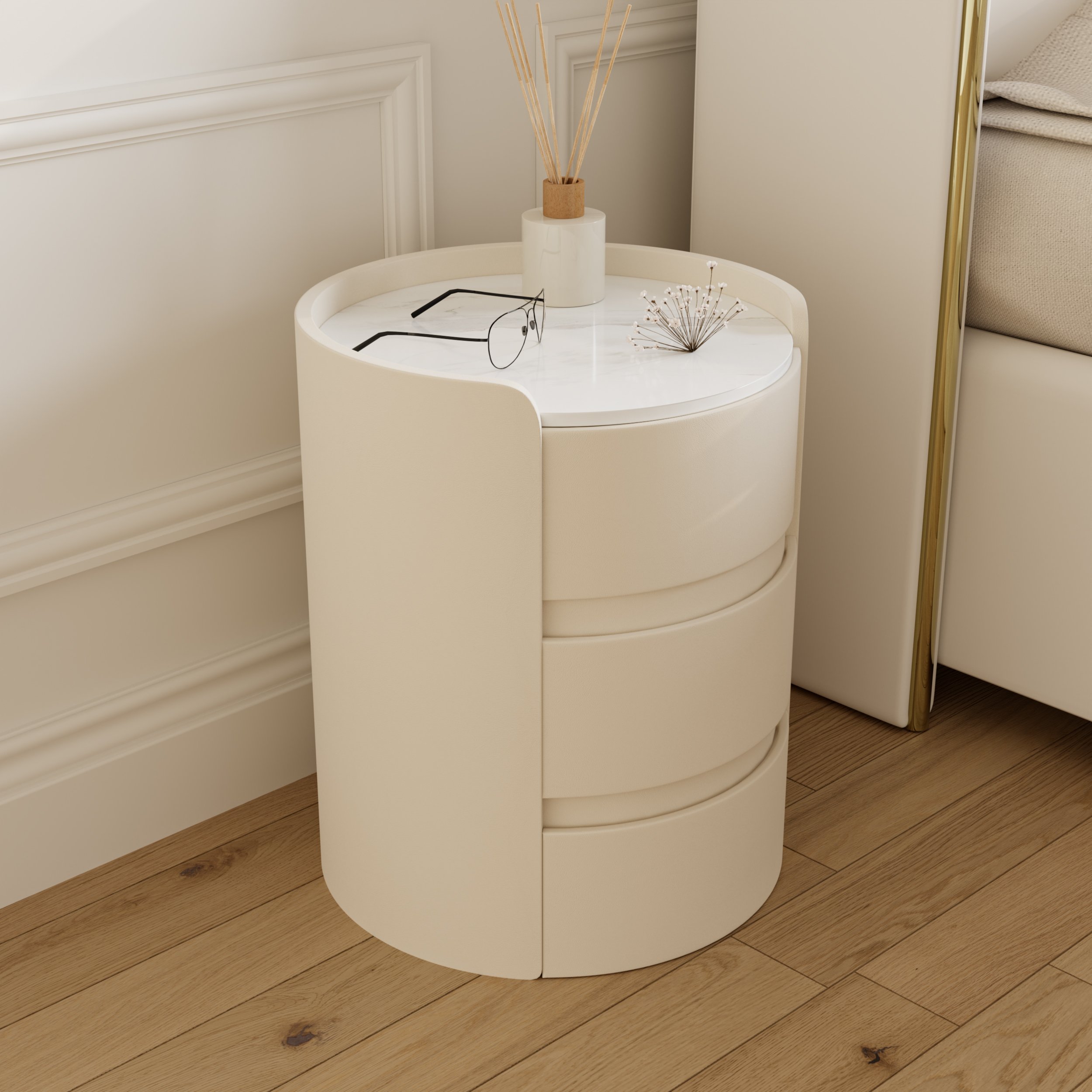 HMR - Modern white bedside tables with 3-drawer marble and leather
