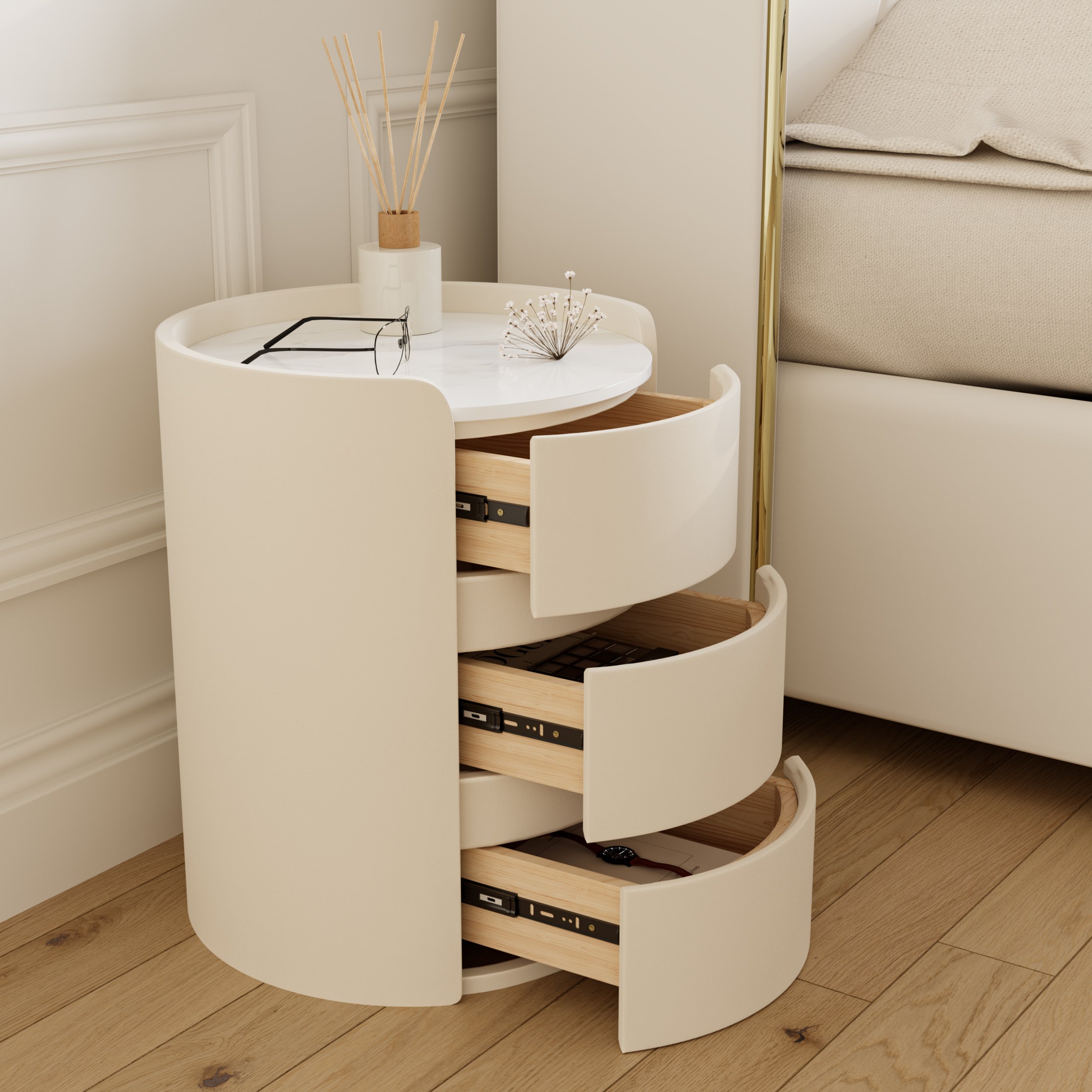 HMR - Modern white bedside tables with 3-drawer marble and leather