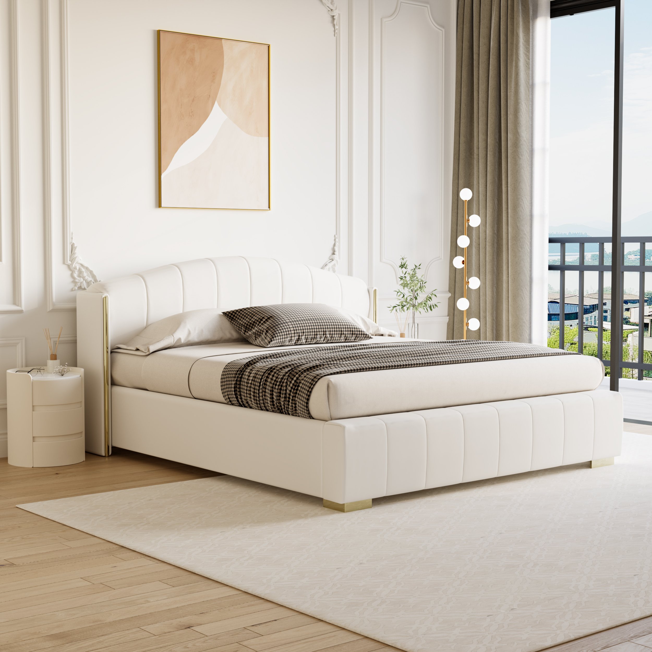 HMR - Modern white bedside tables with 3-drawer marble and leather