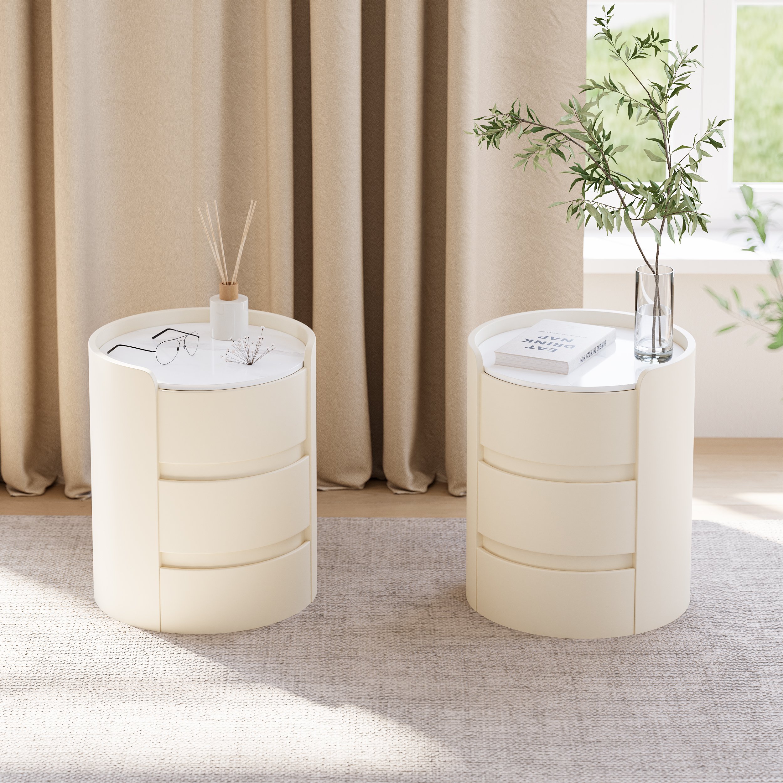 HMR - Modern white bedside tables with 3-drawer marble and leather