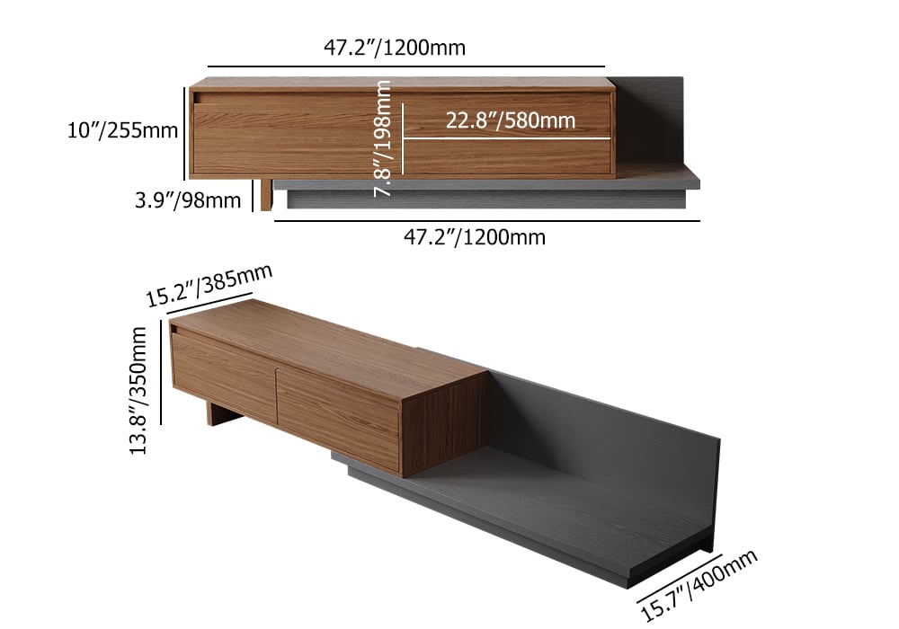 HMR Fero Extendable TV Stand with Drawers - Walnut & Gray, MDF, 47"