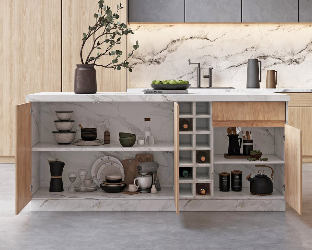 HMR 72'' Japandi Style Wood Kitchen Island with Multi-Storage and LED Light - White