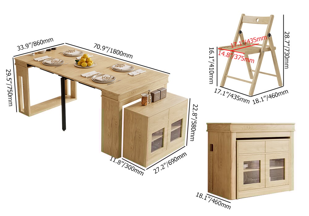 HMR Dining Set 70.9" Farmhouse Rectangle Folding Storage Dining Table With 4 Chairs - Natural