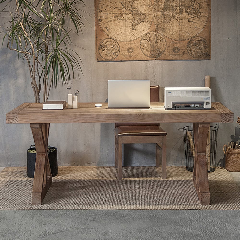 HMR Rustic Farmhouse Wooden Office Desk & Industrial Swivel Office Chair Set - Natural, 59.1"L x 27.6"W x 29.5"H