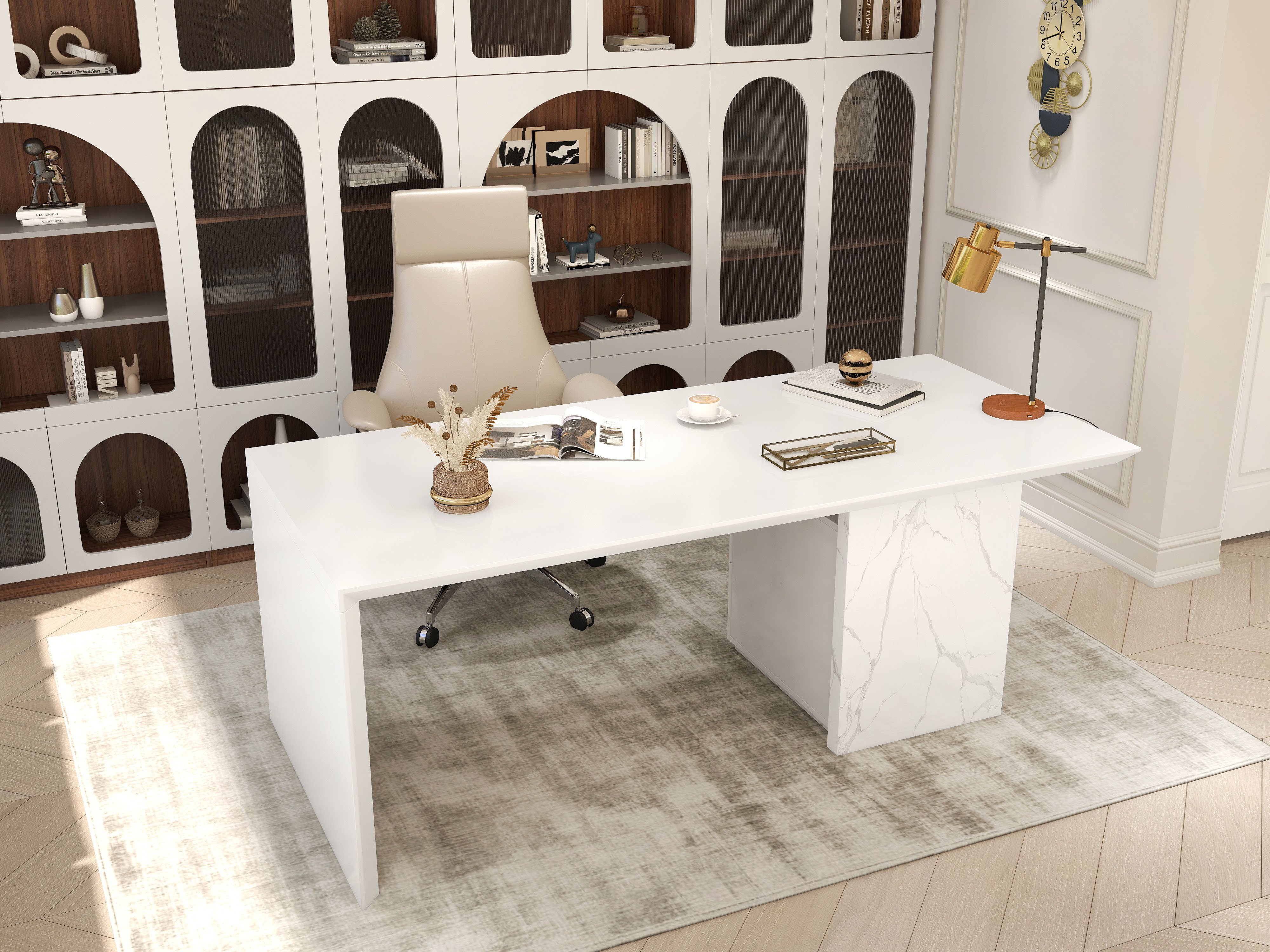HMR Modern Home Office Desk with Movable File Cabinet - White, 59.8"