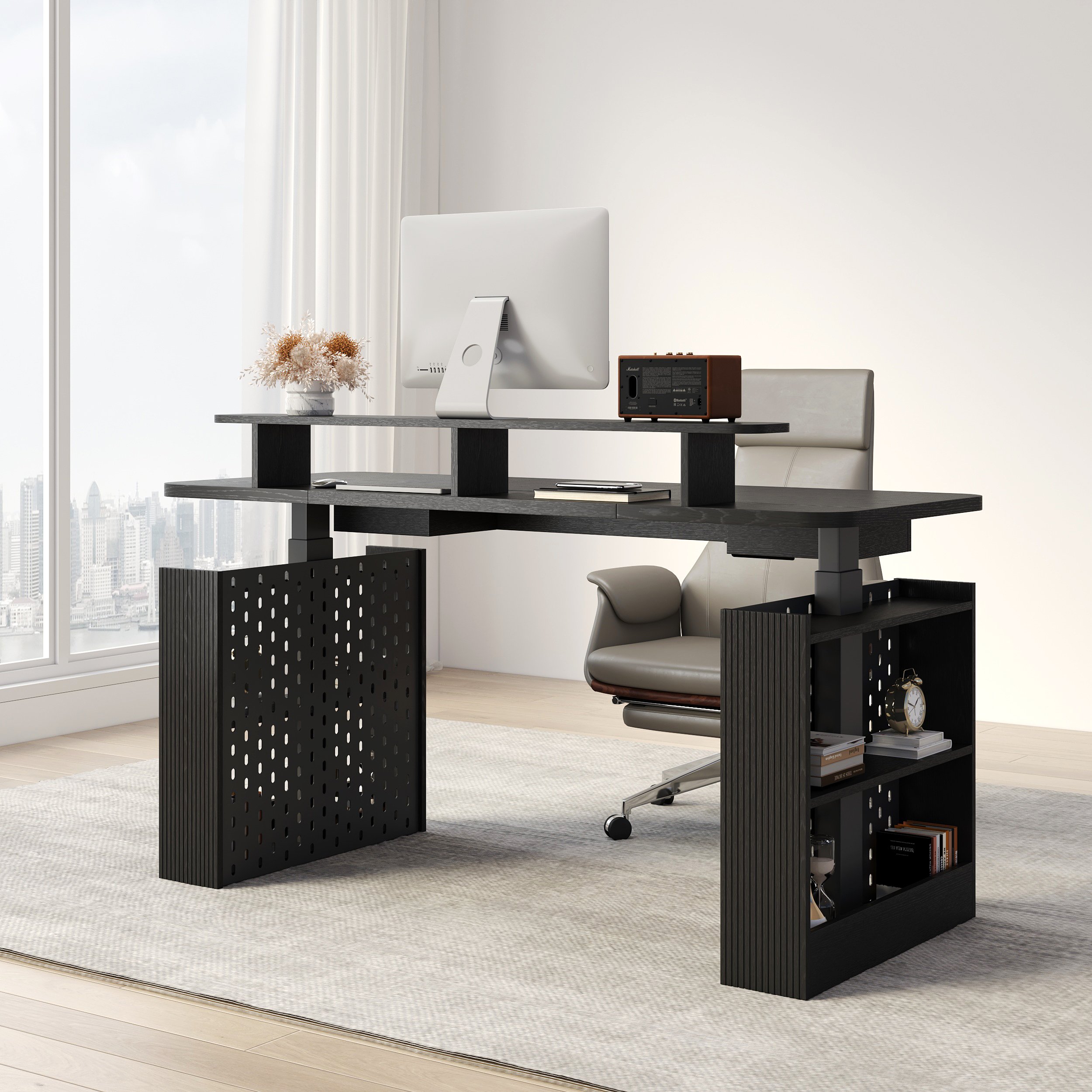 HMR - 59" Modern Black Multifunctional Standing Adjustable Office Desk